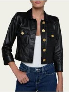 L'AGENCE Black Leather Cropped Trucker Jacket with Gold Buttons